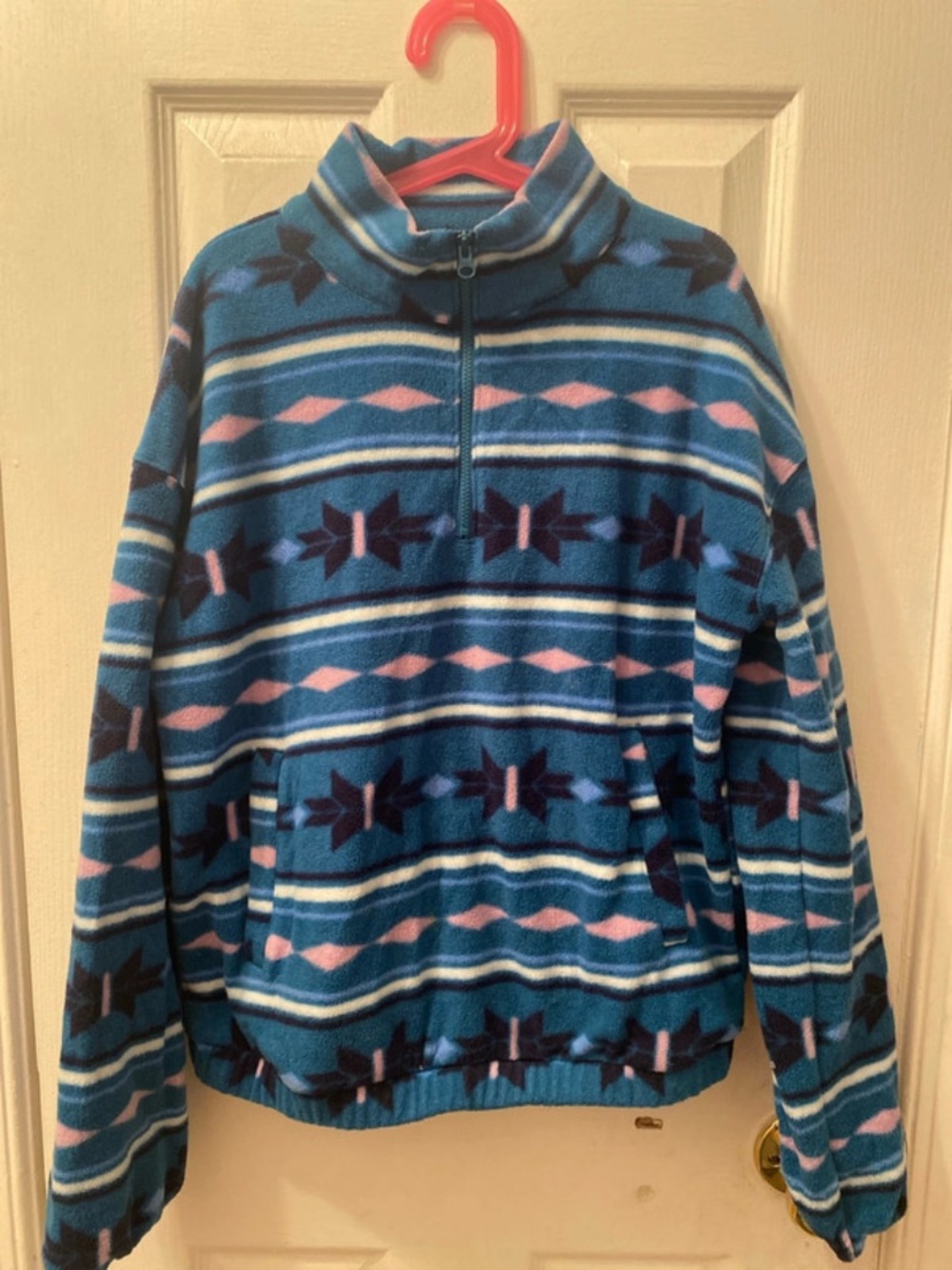 SO Blue and Pink Patterned Zip-Up Fleece Pullover